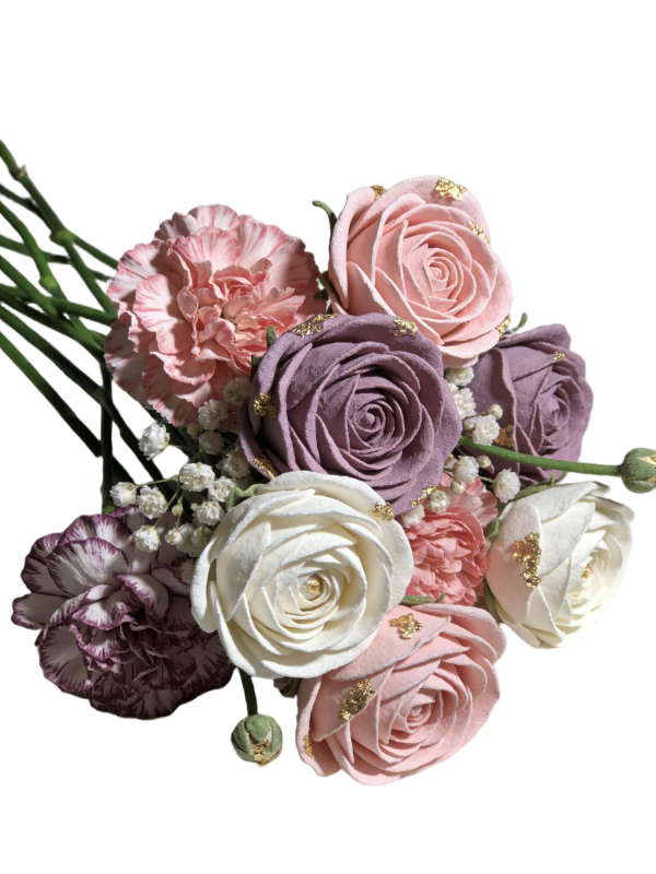 Preserved Purple & Pink Rose Carnation Bouquet with Gold Foil Accents
