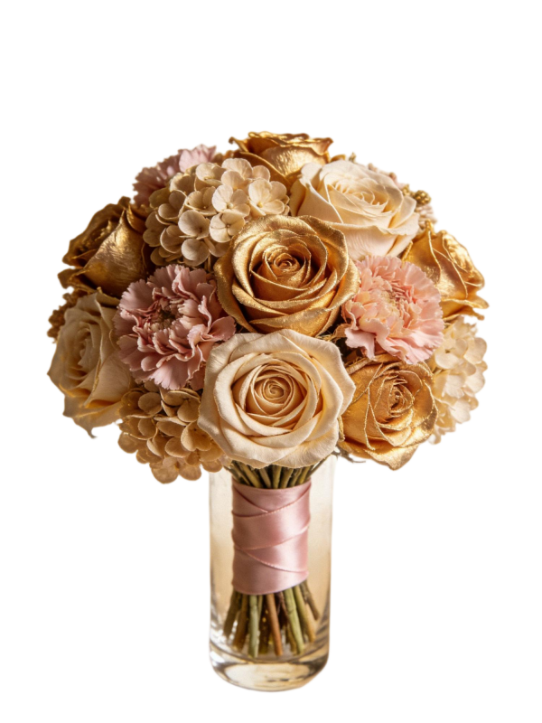 Luxury Gold Foil Rose & Hydrangea Bridal Bouquet in Glass Vase