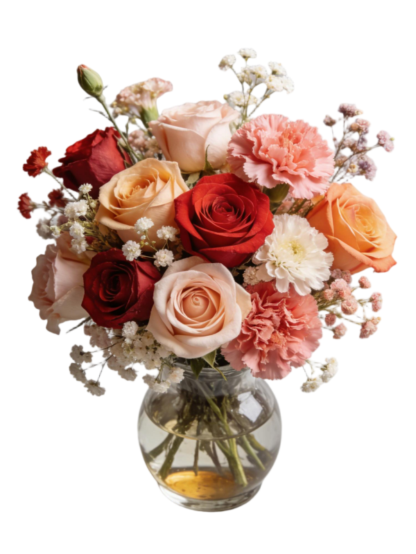 Vibrant Red & Peach Rose Carnation Preserved Glass Vase Arrangement