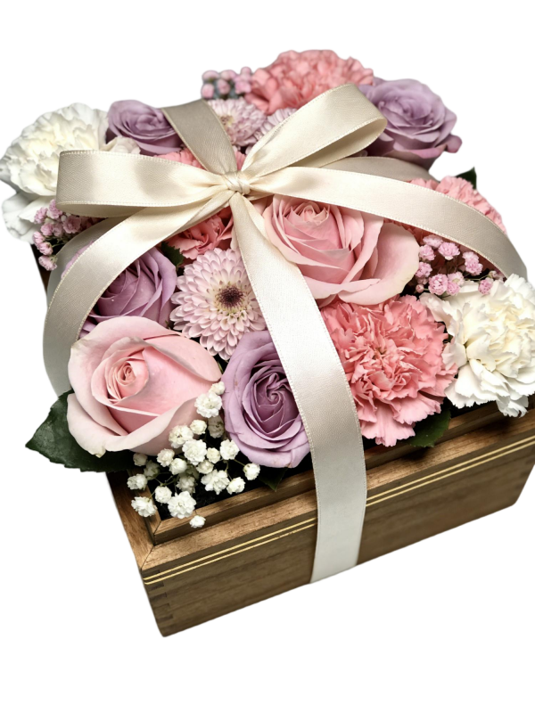 Preserved Pink Rose & Carnation Wooden Flower Box with Satin Ribbon
